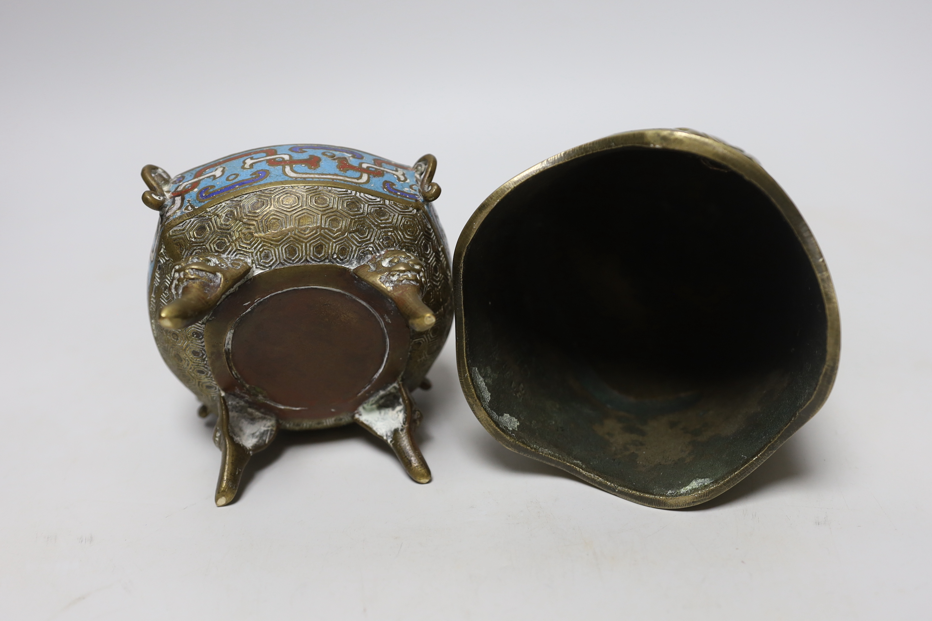 A Japanese champleve enamel and bronze censer and a Chinese bronze bell, tallest 18cm